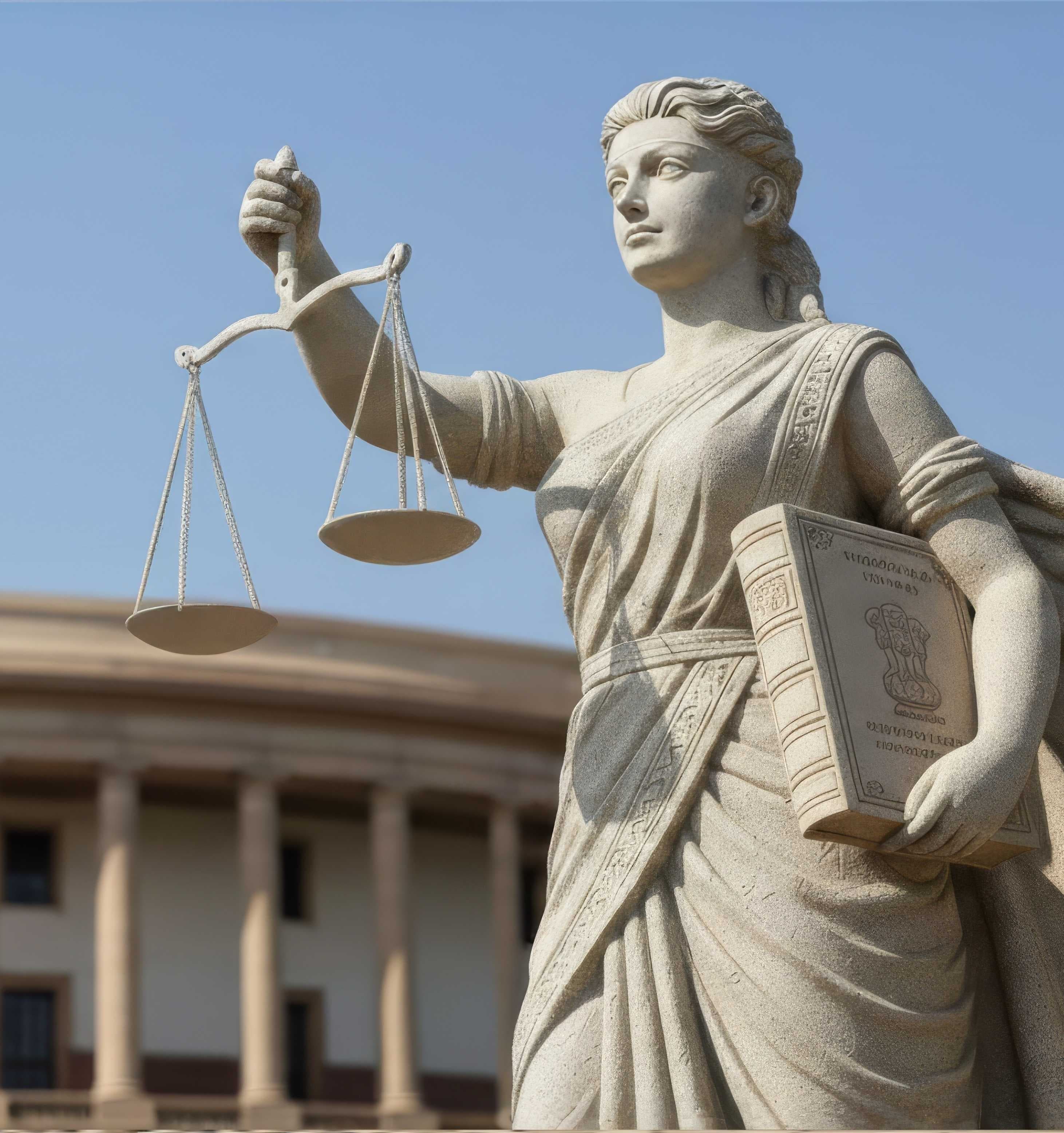 Statue of Lady Justice holding the scales of justice and a book, in front of Parliament House, New Delhi